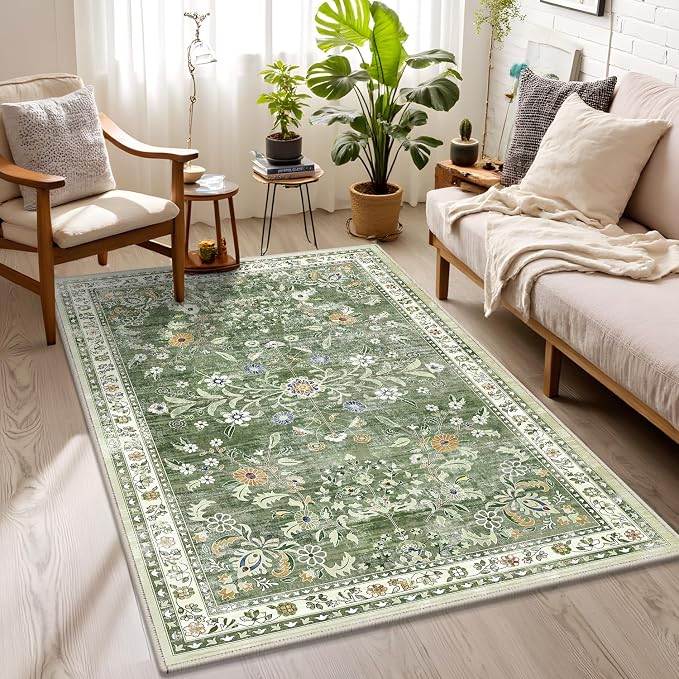 Yamaziot 3x5 Washable Area Rug for Bedroom Floral Carpet Sage Green | Non Slip - Image 7