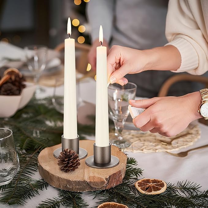24 Pcs Gunmetal Taper Candle Holders Bulk for Pillar Candles Christmas Metal Short Candlestick Holder Gunmetal Centerpieces Decoration for Christmas Thanksgiving Anniversary Dinner Party