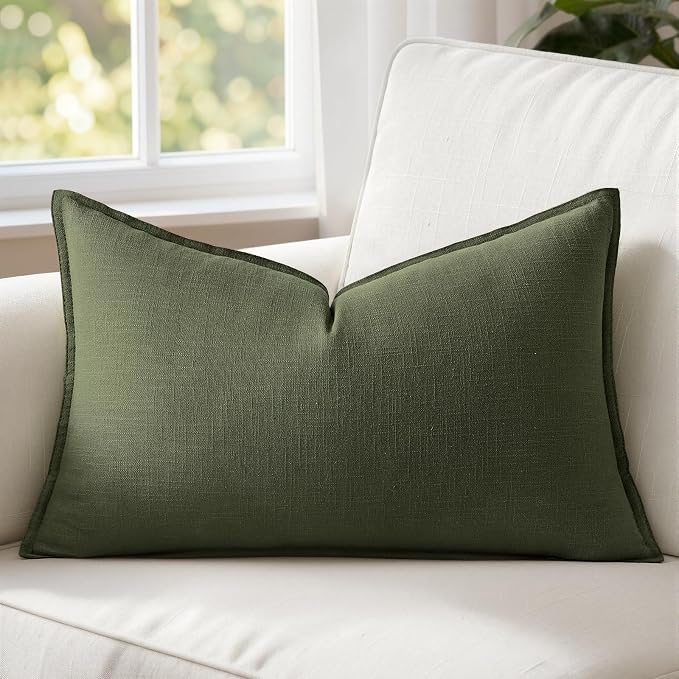 MIULEE Decorative Linen Lumbar Pillow Cover 12x20 Inch Dark Olive Green | Boho by MIULEE
