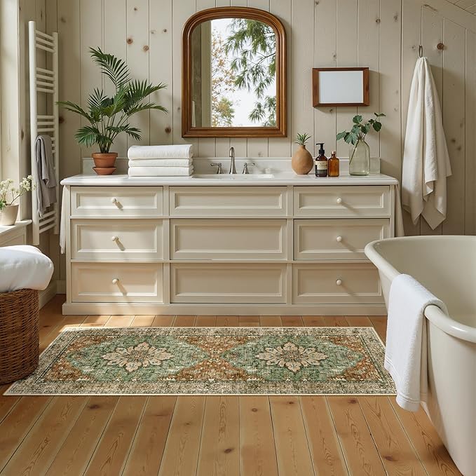 RELEANY Washable Area Rug, Runner 2'x5', Brick/Brown/Green | Non-Slip, Water by RELEANY