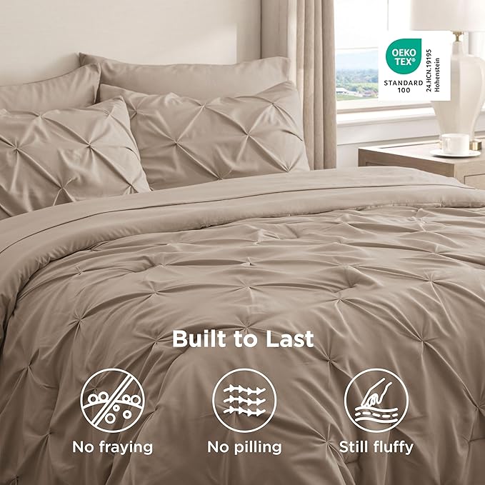 Bedsure Queen Comforter Set Khaki - Bed in a Bag Queen Size Bedding 7 Pieces, GentleSoft™ Pintuck Bed Set Gift for Family, Pinch Pleat All Season Comforter with Sheets, Pillowcases & Shams