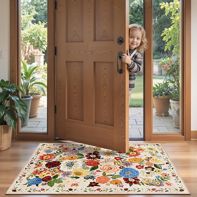 Beige Floral Hallway Runner Rug 2x4 - Image 2