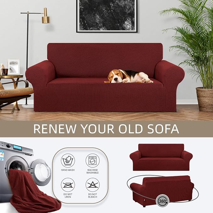 Stretch Loveseat Couch Cover, 2 Cushion Couch Slipcover, Dark Red | 1-Piece - Image 3