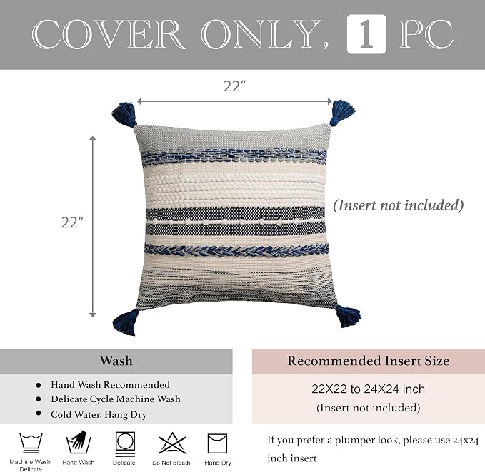 Navy Dark Blue Boho Throw Pillow Cover 22x22 Grey Decorative Accent Pillow - Image 5