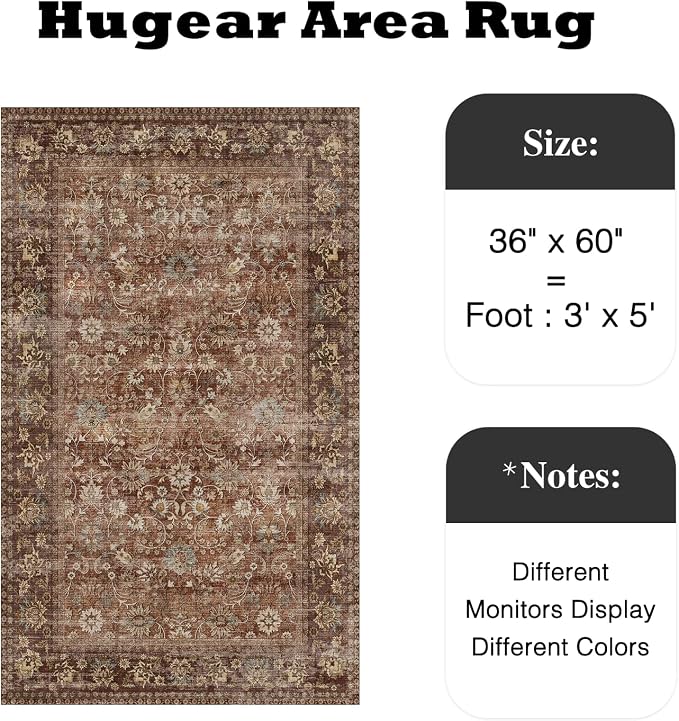 3x5 Brick Red Vintage Floral Washable Area Rug - Image 2