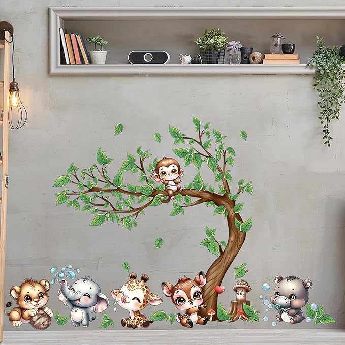 Jungle Animal Wall Stickers Forest Safari Wall Decals Kid Room Nursery Baby Bedroom Décor (Happy Animal Bending Tree)