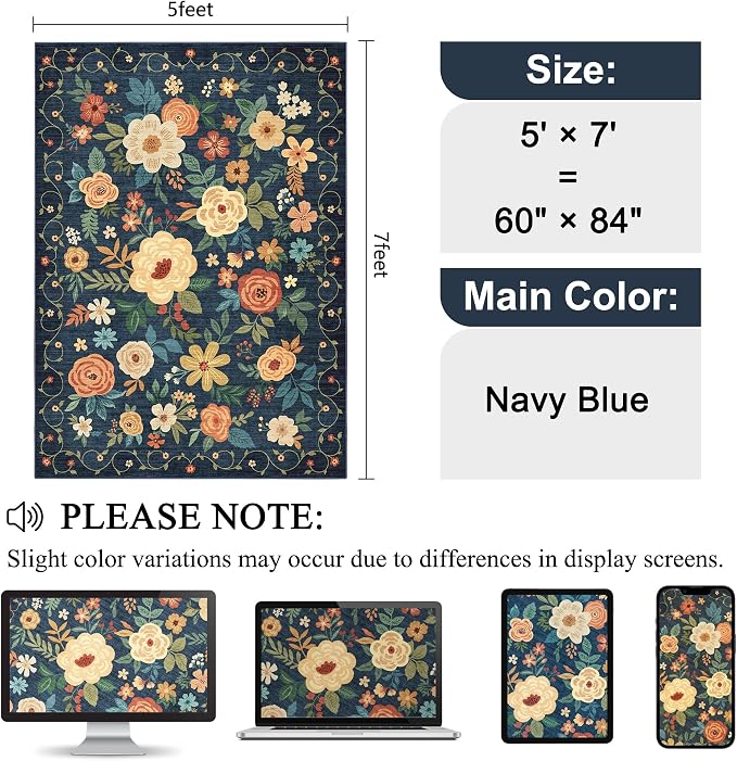 DUKINO 5x7 Area Rug Floral Washable Rug - Image 2