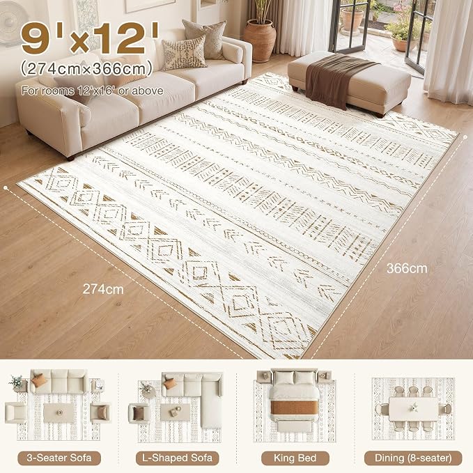 cotiled Boho 9x12 Area Rug for Living Room: Large Moroccan Washable Rug | Solve - Image 8