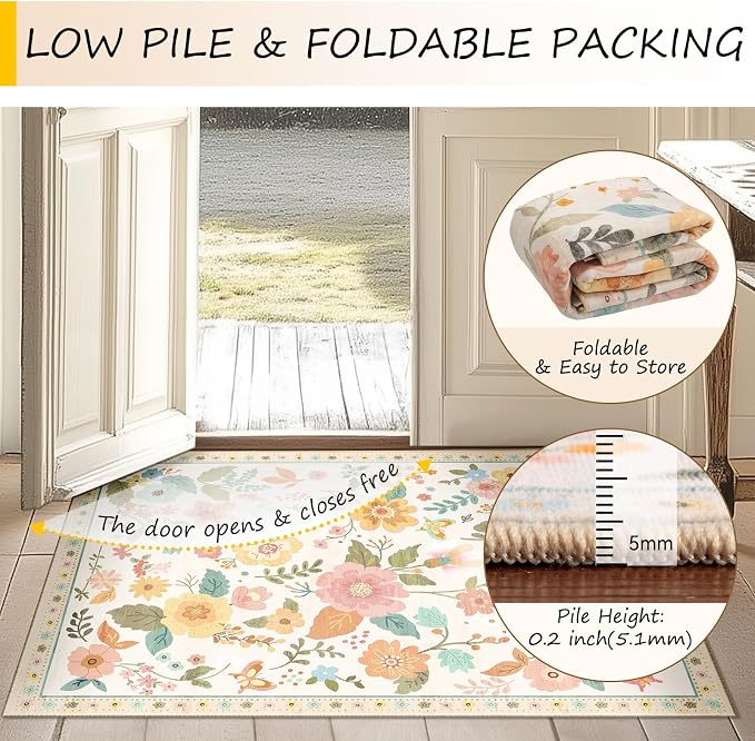 Floral Washable 2x6 Area Rugs Runner Entryway Hallway Beige/White/Orange | - Image 5