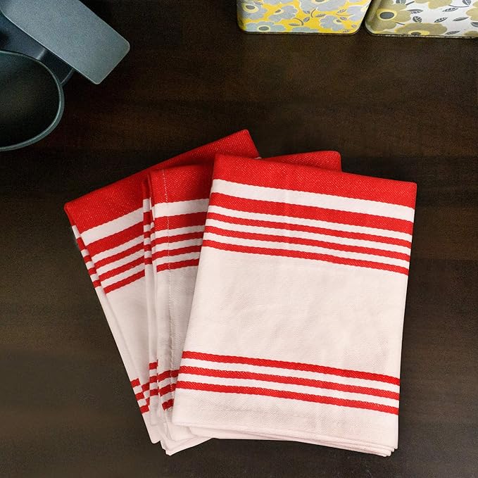 Urban Villa Kitchen Towels 100% Cotton Pack of 6, Highly Absorbent Quick Drying Super Soft Premium Dish Towels for Kitchen with Hanging Loop Hand & Tea Towels - 20x30 Inch, (Red & White, Striped)