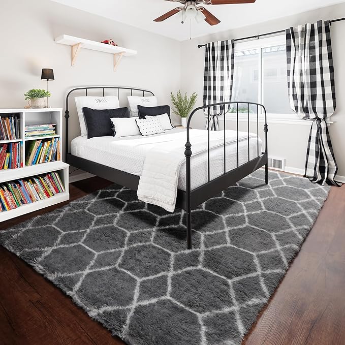 5x7 Area Rugs for Living Room Bedroom, Fluffy Grey and White Geometric Rug | - Image 7