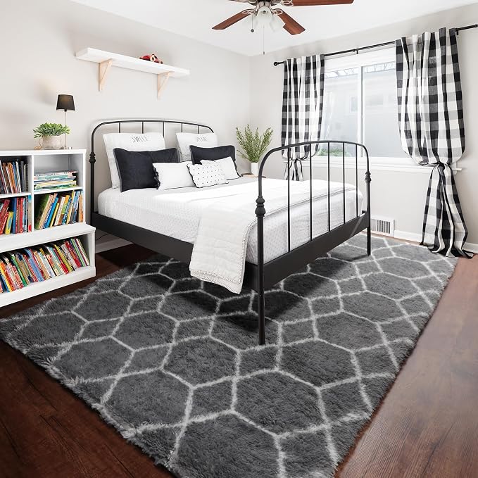 8x10 Area Rugs for Living Room, Fluffy Grey and White Bedroom Geometric Rug | - Image 6