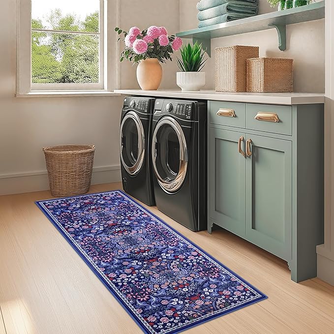 PLHXFR 2.6x8 Washable Runner Rug：Floral Indoor Kitchen Soft Carpet Blue | - Image 4