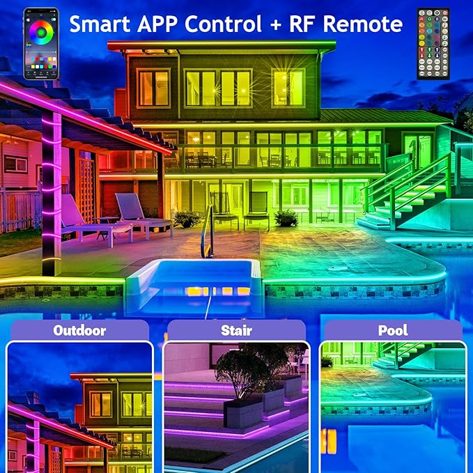 AILBTON 200ft Outdoor LED Strip Lights Waterproof,IP68 Outside Led Light Strips Waterproof with Bluetooth App Remote Control,Music Sync RGB Exterior Led Rope Lights,for Balcony,Deck,Roof,Garden,Pool