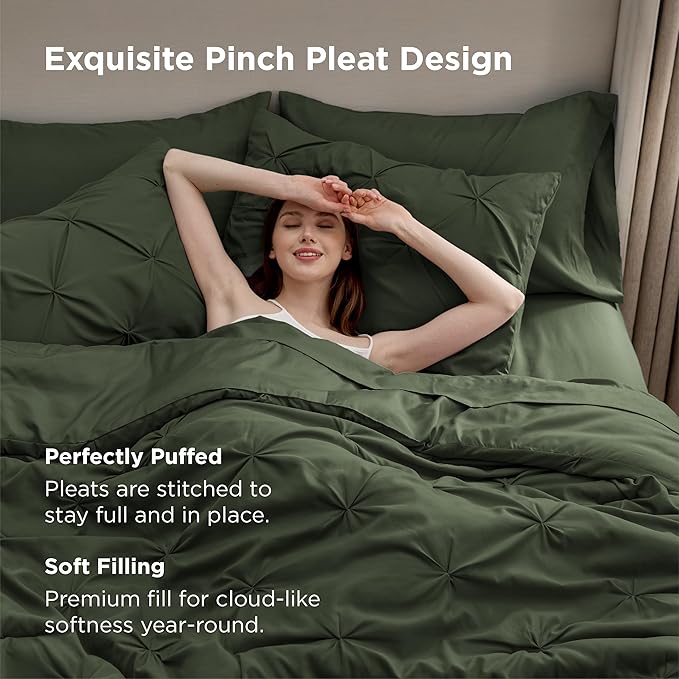 Bedsure Twin Comforter Set Olive Green - Bed in a Bag Twin Size Bedding 5 Pieces, GentleSoft™ Pintuck Bed Set Gift for Family, Pinch Pleat Olive Green Comforter with Sheets, Pillowcase & Sham
