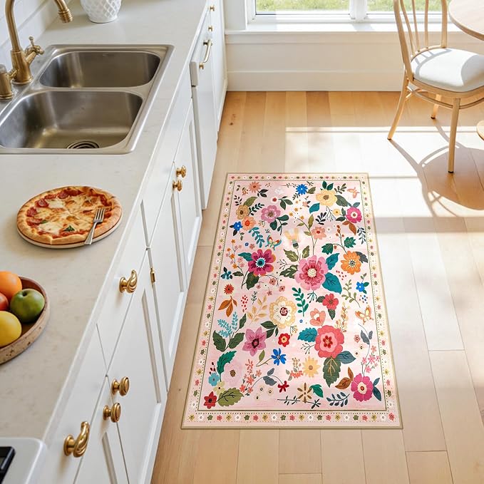 Floral Washable 2x4 Area Rugs Runner Entryway Hallway Pink | Flower Carpet - Image 4
