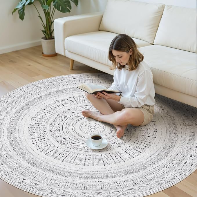 cotiled 6x6 Round Rug 6ft Circle Living Room Boho Area Rugs | Washable Foldable - Image 5