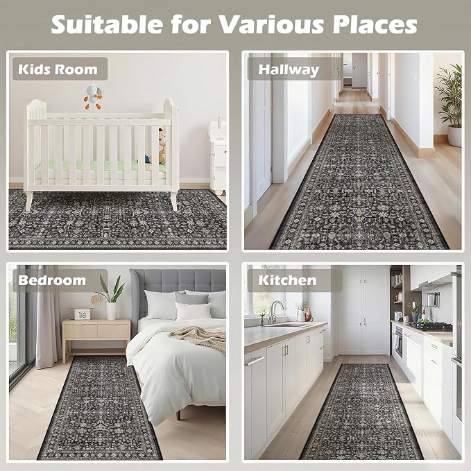 Grey Hallway Runner Rug 2x6 for Bedroom Kitchen | Low Pile; Non Slip; Stain - Image 5