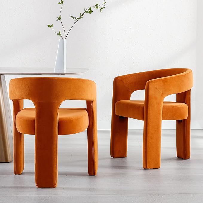 Modern Barrel Dining Chairs Set of 4, Velvet Upholstered Accent Side Chair with Arms Comfy Makeup Vanity Chairs, Dining Living Room Kitchen Chairs, Orange
