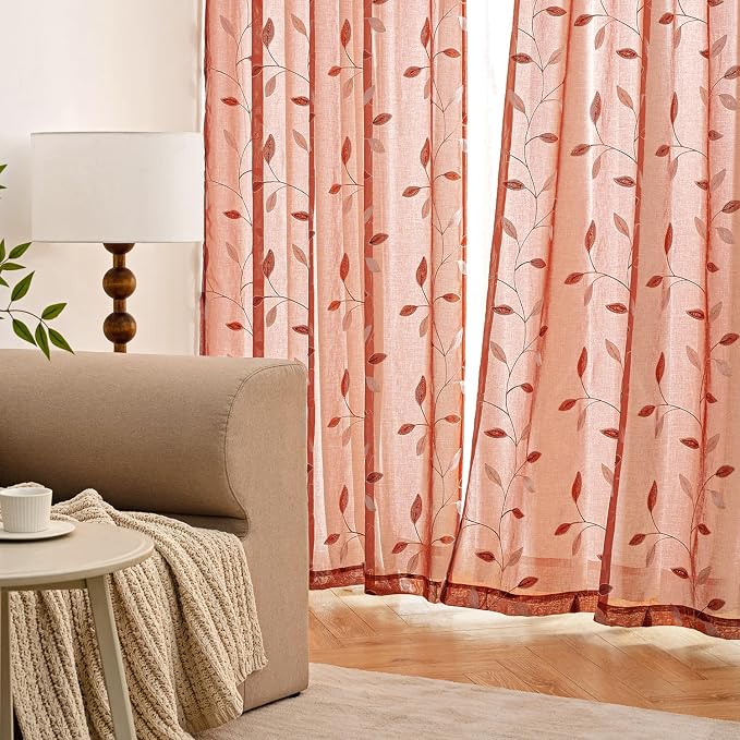 MIULEE Terracotta Sheer Fall Curtains 2 Panels Leaf Patterned, W52 x L63 | - Image 3
