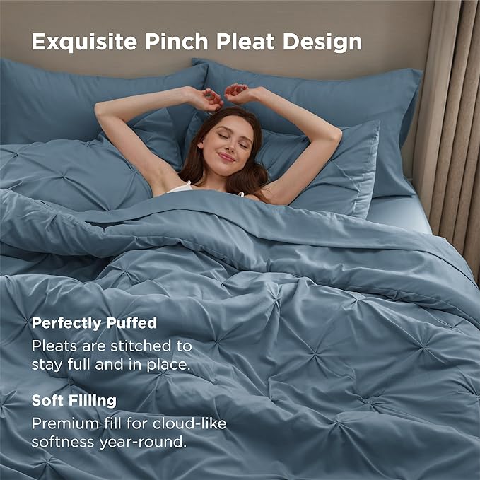 Bedsure King Size Comforter Set Mineral Blue - Bed in a Bag Bedding Set 7 Pieces, GentleSoft™ Pintuck Bed Set Gift for Family, Pinch Pleat Mineral Blue Comforter with Sheets, Pillowcases & Shams