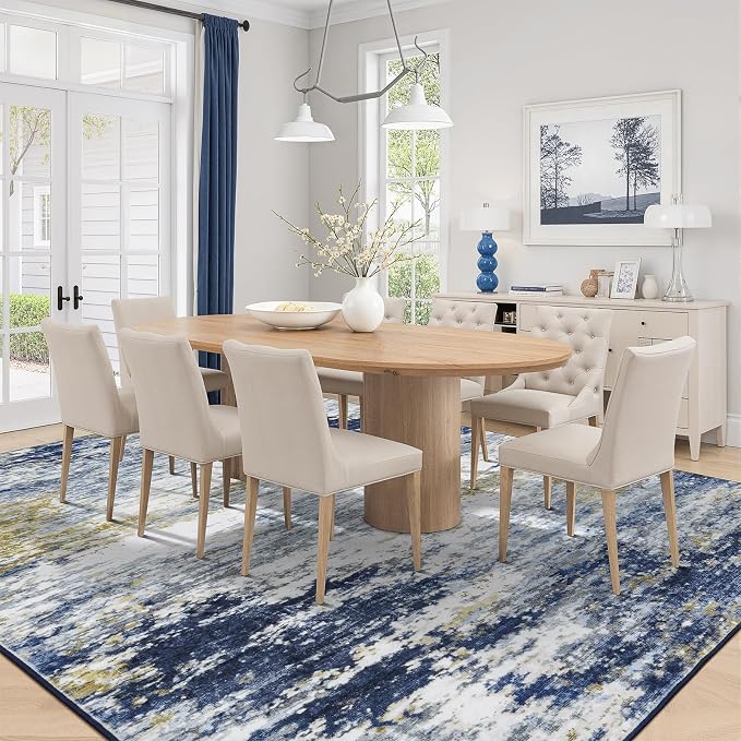 8x10 Area Rug for Living Room, Abstract Washable Large Rugs, Dark Blue | - Image 3