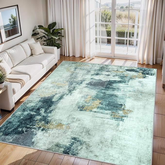 6x9 Area Rugs for Living Room Washable Bedroom Dining Room Teal Grey Gold | by Aelenmu