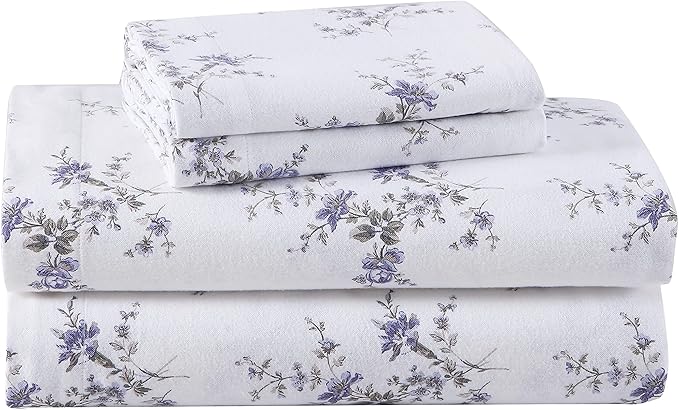 Laura Ashley - Flannel Sheets King Size, Anti-Pilling & Wrinkle Resistant Cotton, Touchably Soft for All-Season Comfort - Bed Sheets with Matching Pillowcases & Fitted Sheet (Jessika Lavender)