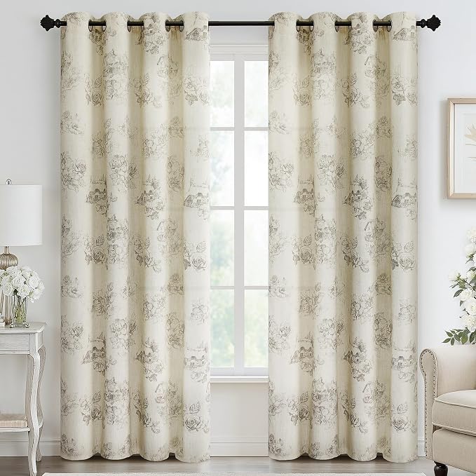 Yakamok 84 Inches Grey Floral Linen Textured Curtains by Yakamok