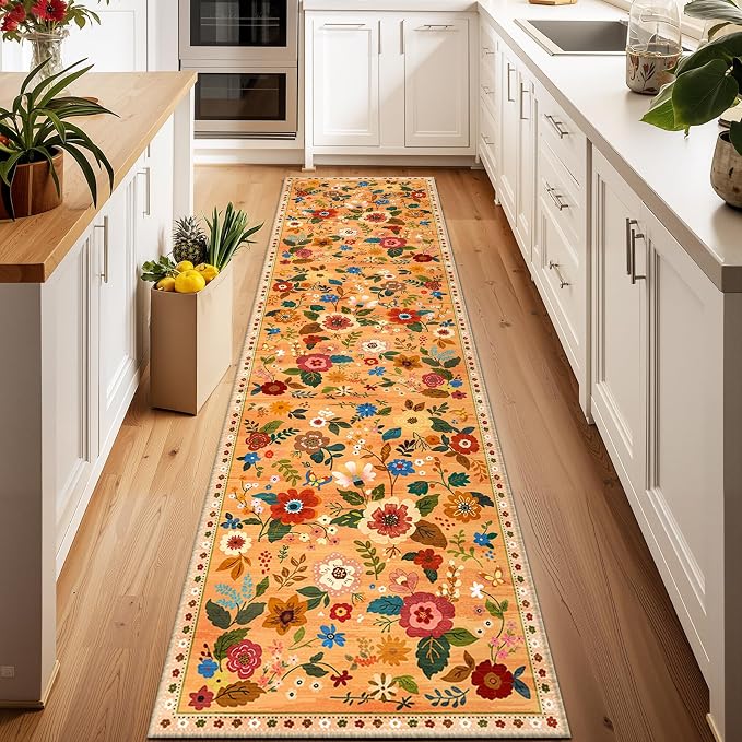Floral Washable 2x8 Area Rugs Runner Entryway Hallway Yellow/Orange/Red | by RELEANY