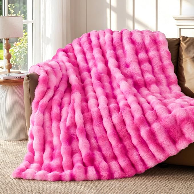 Luxury 1000GSM Rabbit Faux Fur Blanket, Super Warm Cozy Brown Blankets - Image 2