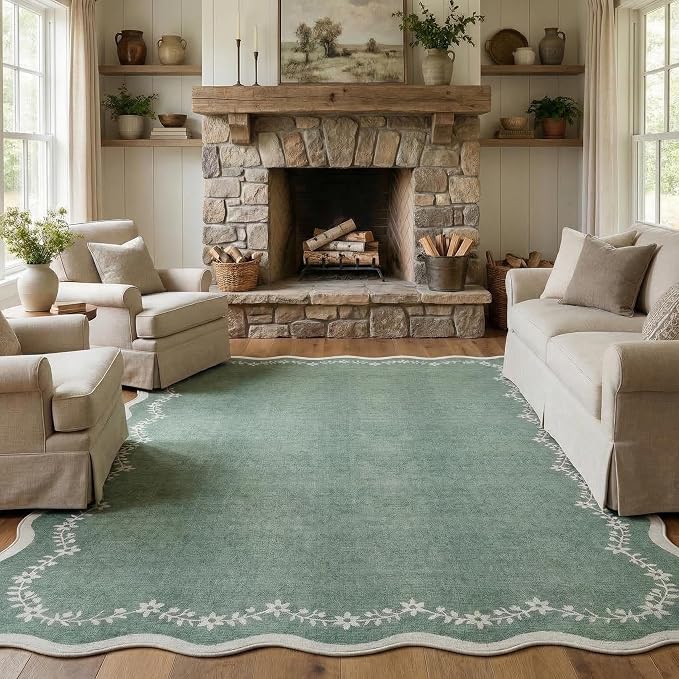 GarveeHome Scalloped Area Rugs 8x10 Large Sage Green Washable Living Room | by GarveeHome