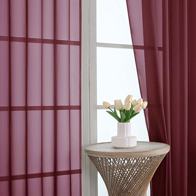 Wine Sheer Curtains 84 Inches Long 2 Panels Set, Light Filtering Sheer Curtains - Image 3