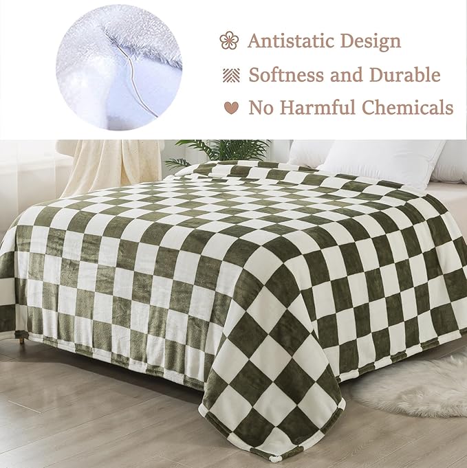 Checkered King Size Blanket,90x108 Inches Sage Green Microfiber Soft Cozy Fluffy Warm Hand Made Throw Blankets for King Calking Bed,Couch, Sofa, Chair, Camping, Picnic,Sage Green