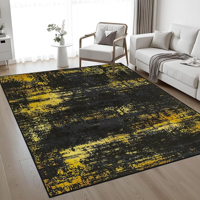 Area Rug Living Room: 4x6 Modern Washable Soft Carpet Black Gold | by FXRHLP