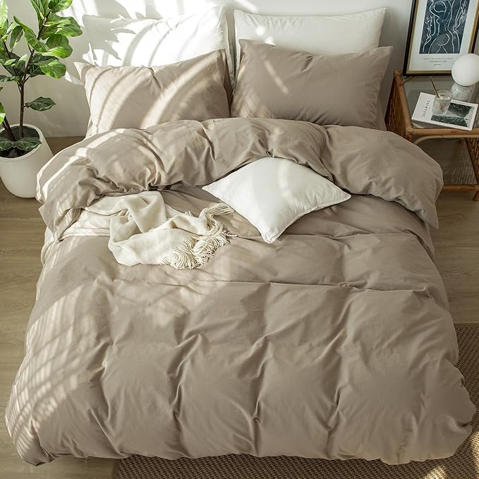 MooMee Bedding Duvet Cover Set 100% Washed Cotton Linen Like Textured Breathable Durable Soft Comfy (Solid Light Camel, Cal King 104"x98")