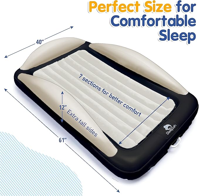Sleepah Inflatable Toddler Travel Bed Portable Kids Air Mattress Set w Safety Rail Guards for Kids & Toddlers – Includes Pump, Carry Case, Pillow & More - Perfect Transitional Cot (Beige)