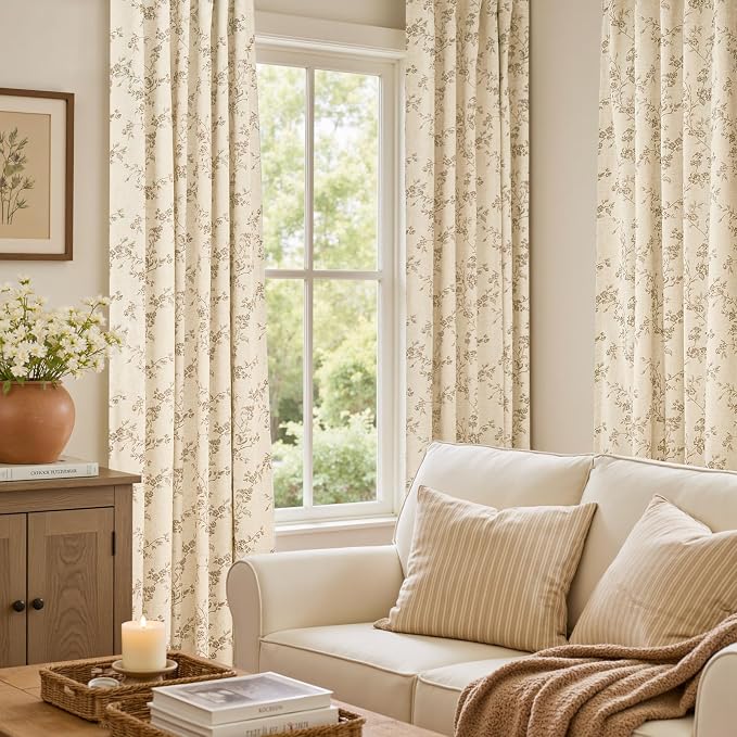 Blackout Vintage Floral Linen Curtains Taupe on Beige 50×90 2 Panels | Elisa - Image 5