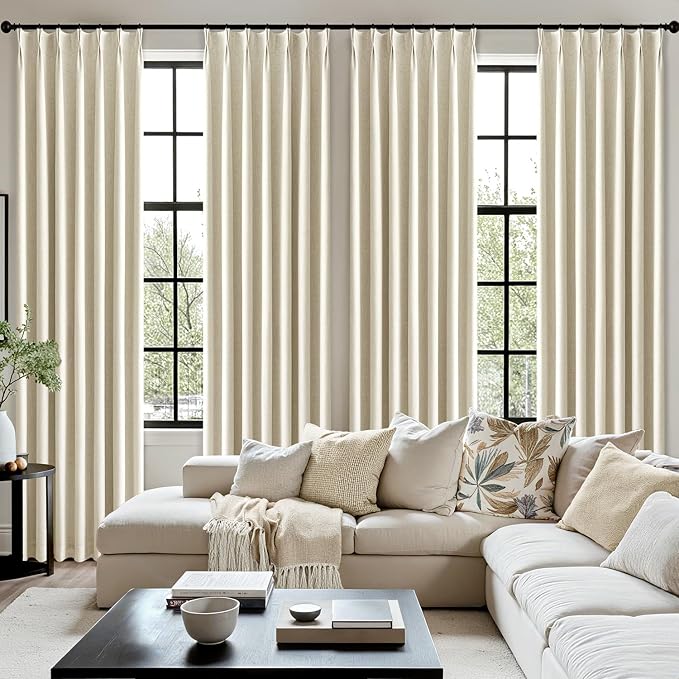 MIULEE Cream Pinch Pleated 100% Blackout Linen Curtains 40x108 Inches | Room - Image 7