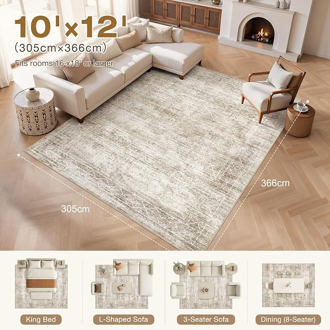 cotiled Boho 10x12 Area Rug for Living Room: Large Moroccan Washable Rug | - Image 6