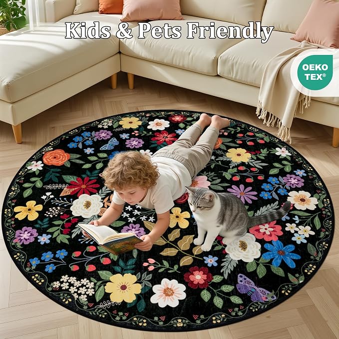 PLHXFR Round Area Rug Living Room: 6 ft Floral Washable Soft Carpet Black | - Image 8