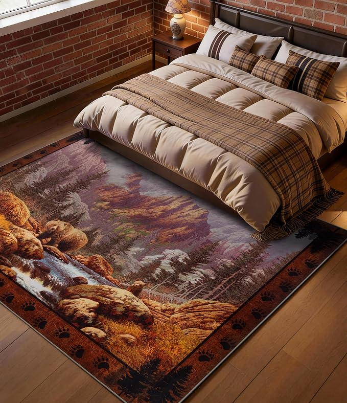 Rustic Cabin Area Rug for Bedroom 5x7, Machine Washable Woodland Bear Rug - Image 3