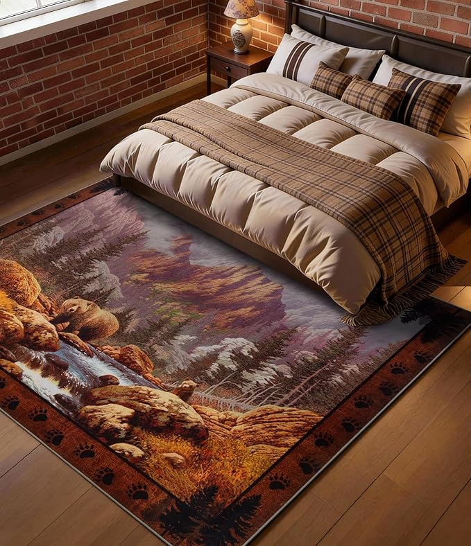 Rustic Cabin Area Rug for Bedroom 4x6, Machine Washable Forest Bear Rug - Image 3