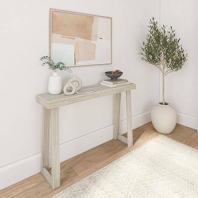 Plank+Beam Solid Wood Console Table, 46 Inch, Sofa Table, Narrow Entryway Table for Hallway, Behind The Couch, Living Room, Foyer, Easy Assembly, White Sand