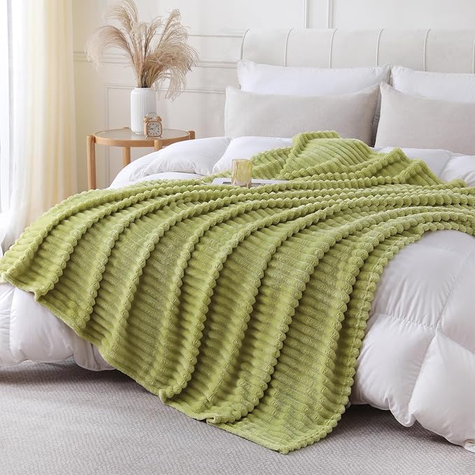 Moss Green Throw Blanket for Couch Sofa 60x80 inches Striped Design | Fleece by Unknown