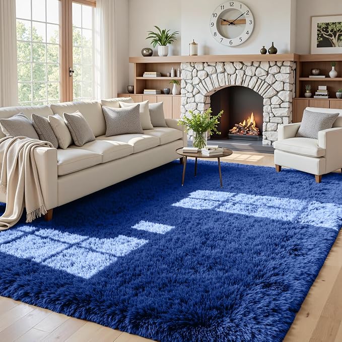 5x7 Fluffy Shag Area Rugs for Living Room Bedroom: Soft Plush Carpet Blue | by CarpetAddColortoYourLife