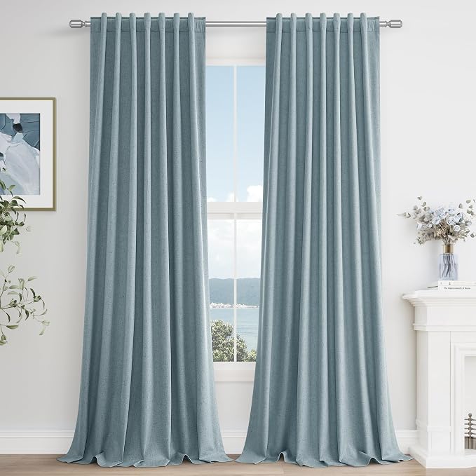 Blue 100% Blackout Linen Curtains 100 Inch Length 2 Panels Set by Guken
