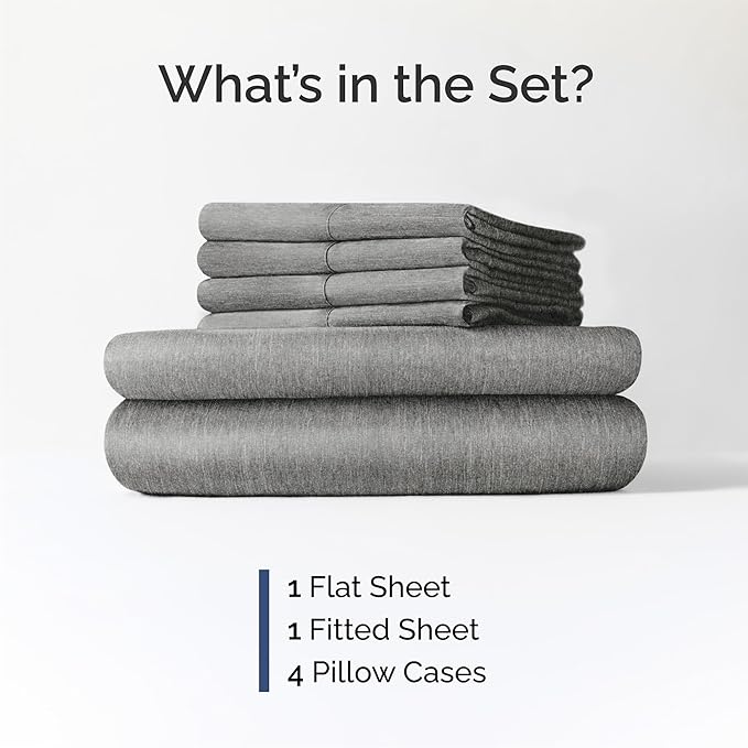 Queen Sheets Set 6 Piece - Includes 4 Pillowcases - Bed Sheets Queen Size - Soft Hotel Luxury Bedding - Cooling, Comfy & Breathable - 1 Flat & 1 Fitted & 4 Pillowcases w/ Deep Pockets - Heathered Grey