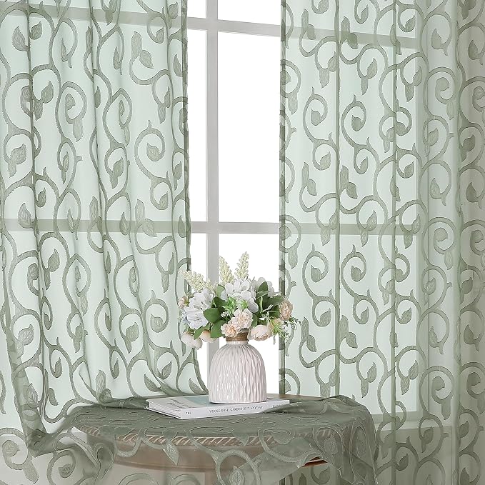 Sage Green Sheer Curtains 63 inch Length by OWENIE