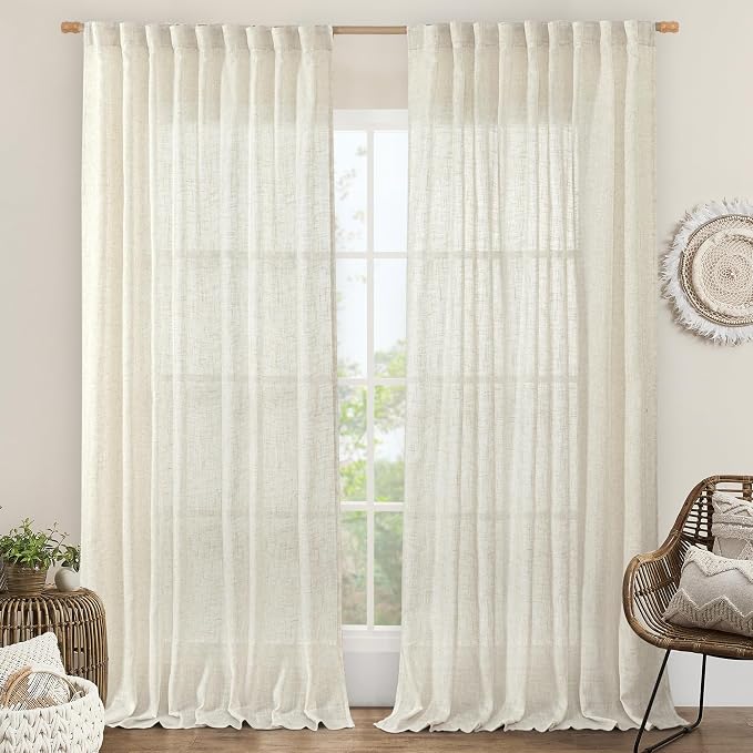 Extra Wide Linen Curtains for Bedroom Semi Sheer Panels 84 Inch | Cream Ivory by LAMIT